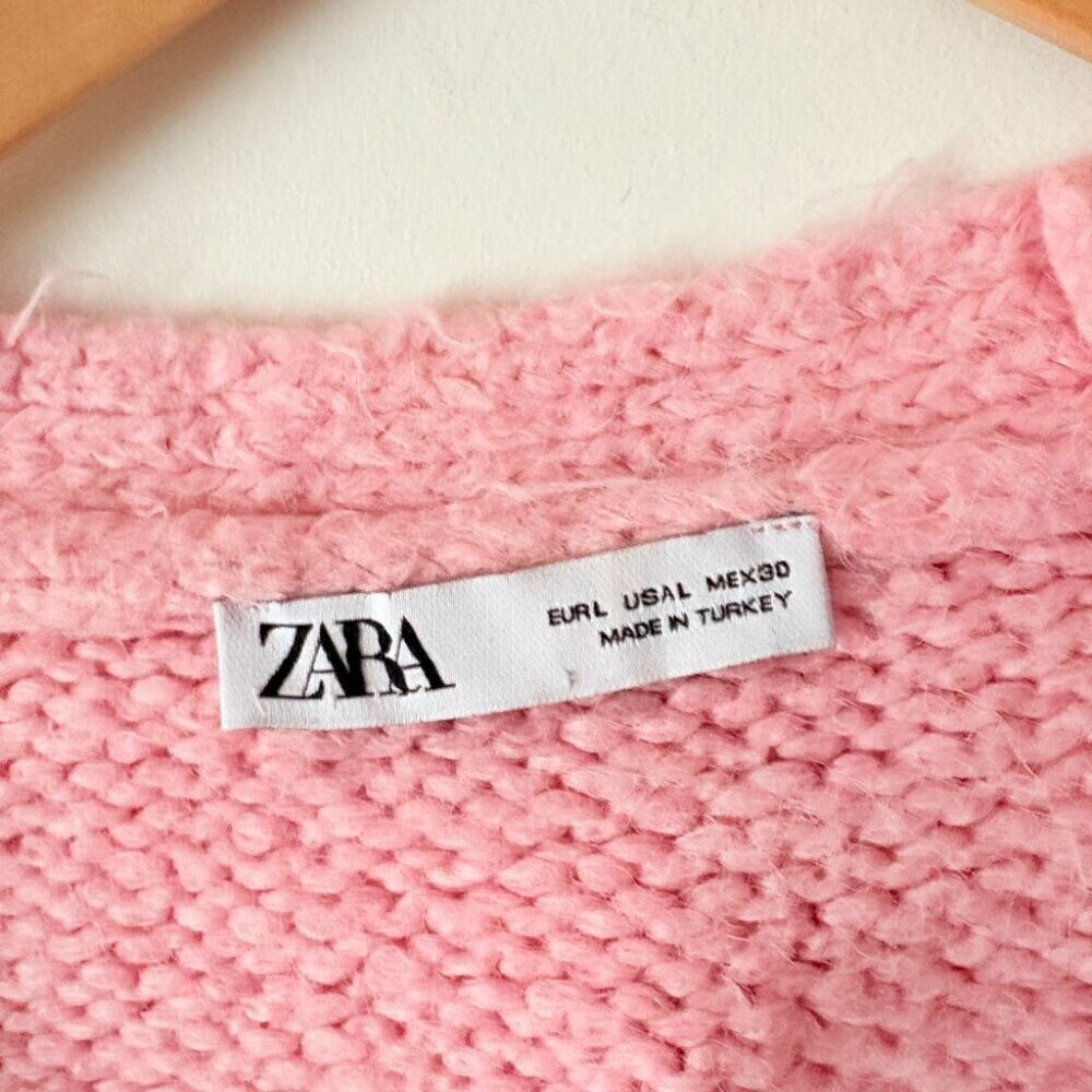Zara Floral Fuzzy Chunky Knit Cardigan Sweater Pink Size Large - Picture 7 of 8